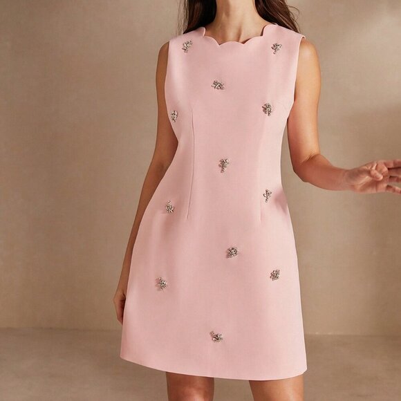 Baby Pink Elegant Women's Sleeveless Round Neck Embroidery Summer Dress - Picture 6 of 7